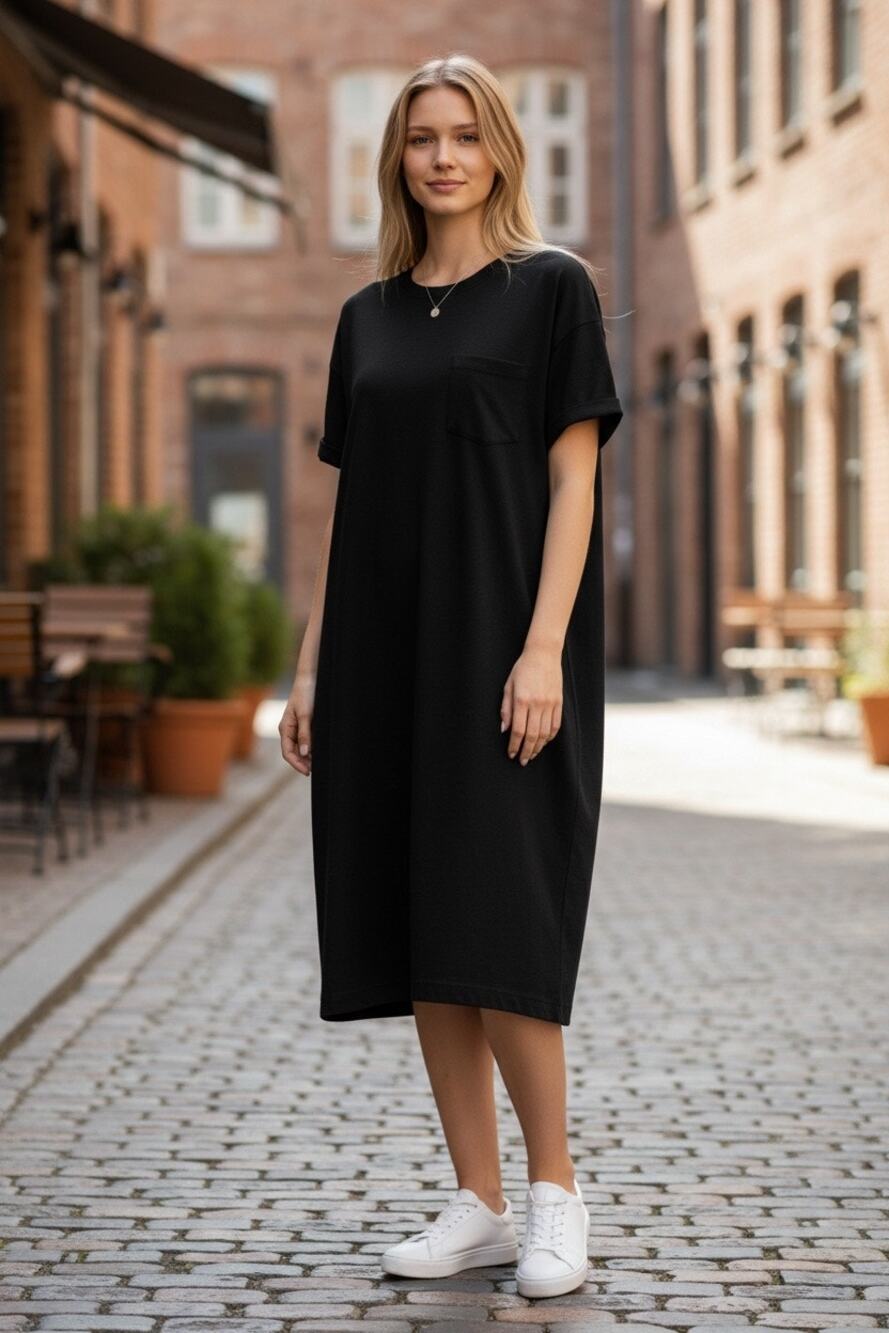 Time and Tru Black T Shirt Dress Womens Large 12 14 Pocket Casual Short Sleeve